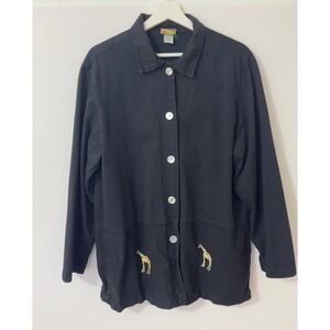 Cactus California Womens Black Giraffe Embroidered Button Up Shirt Jacket Large